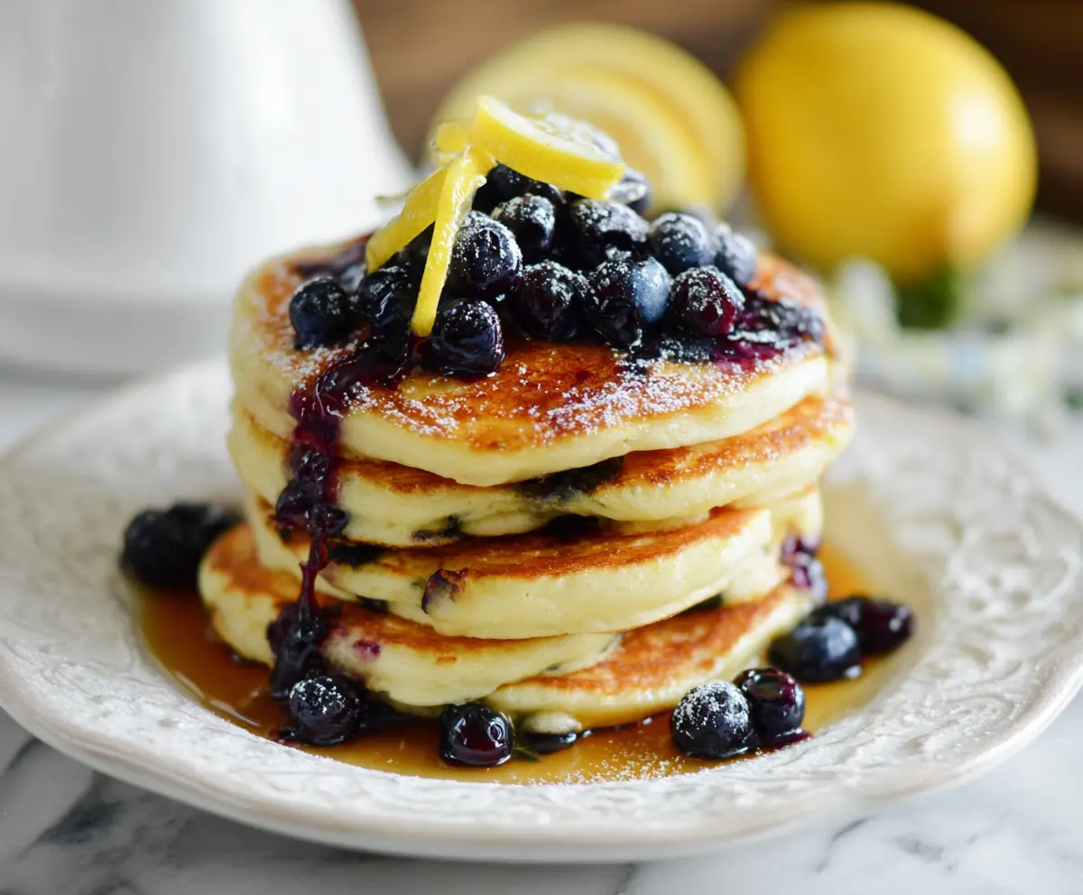 Delicious lemon blueberry pancakes topped with fresh blueberries and lemon zest, perfect for breakfast.