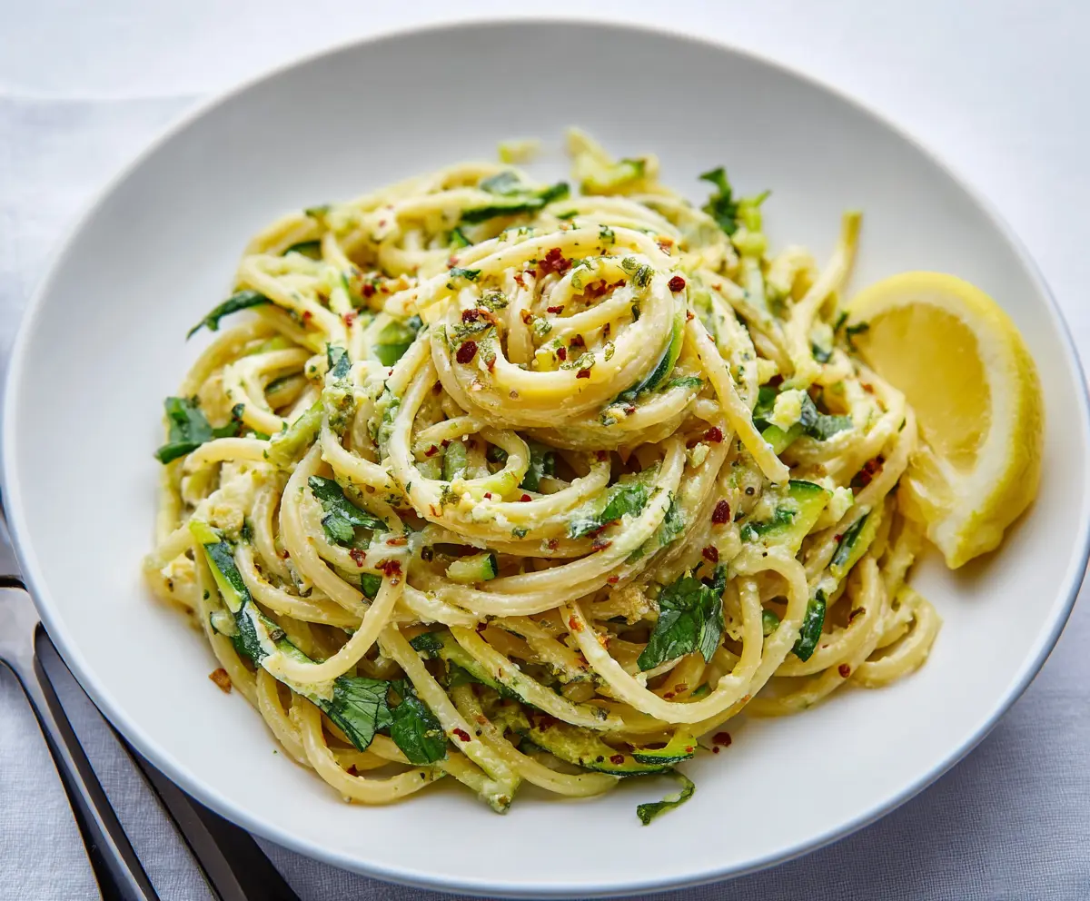 Fresh Lemon Zucchini Pasta with grated cheese and herbs on a white plate