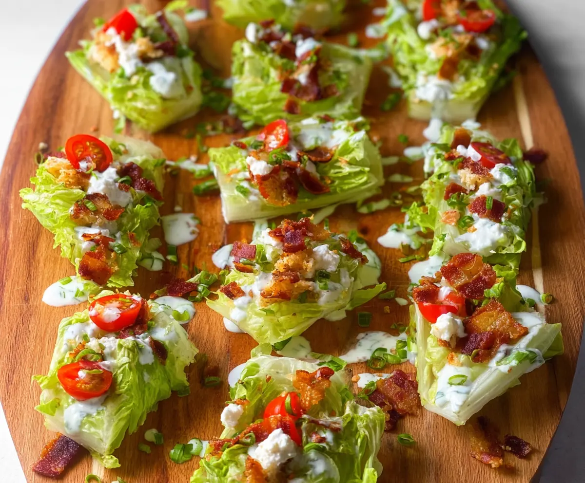 Close-up of fresh lettuce wedge bites topped with dressing and herbs for a light appetizer
