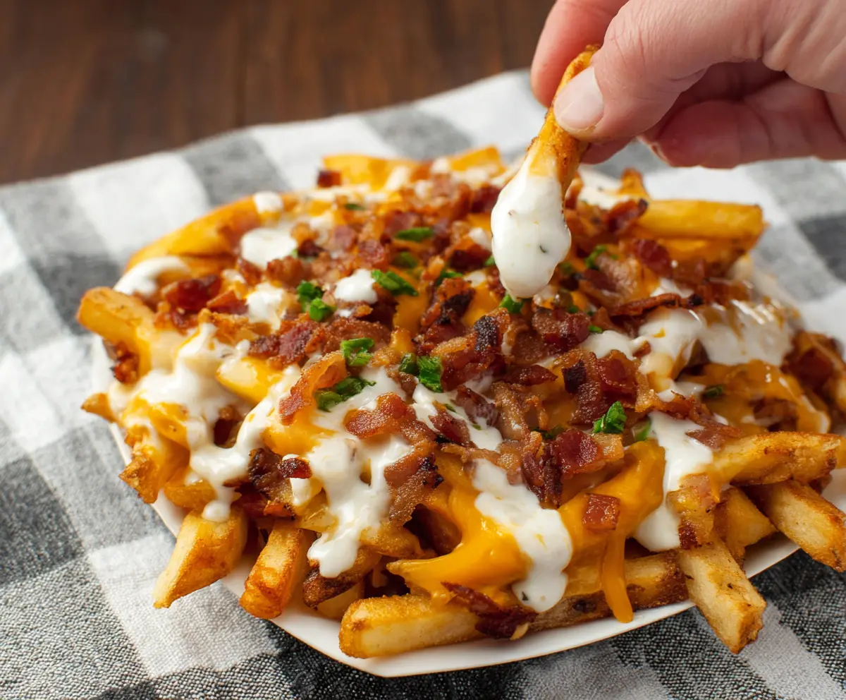 Crispy loaded bacon ranch French fries topped with melted cheese, bacon bits, and fresh herbs.