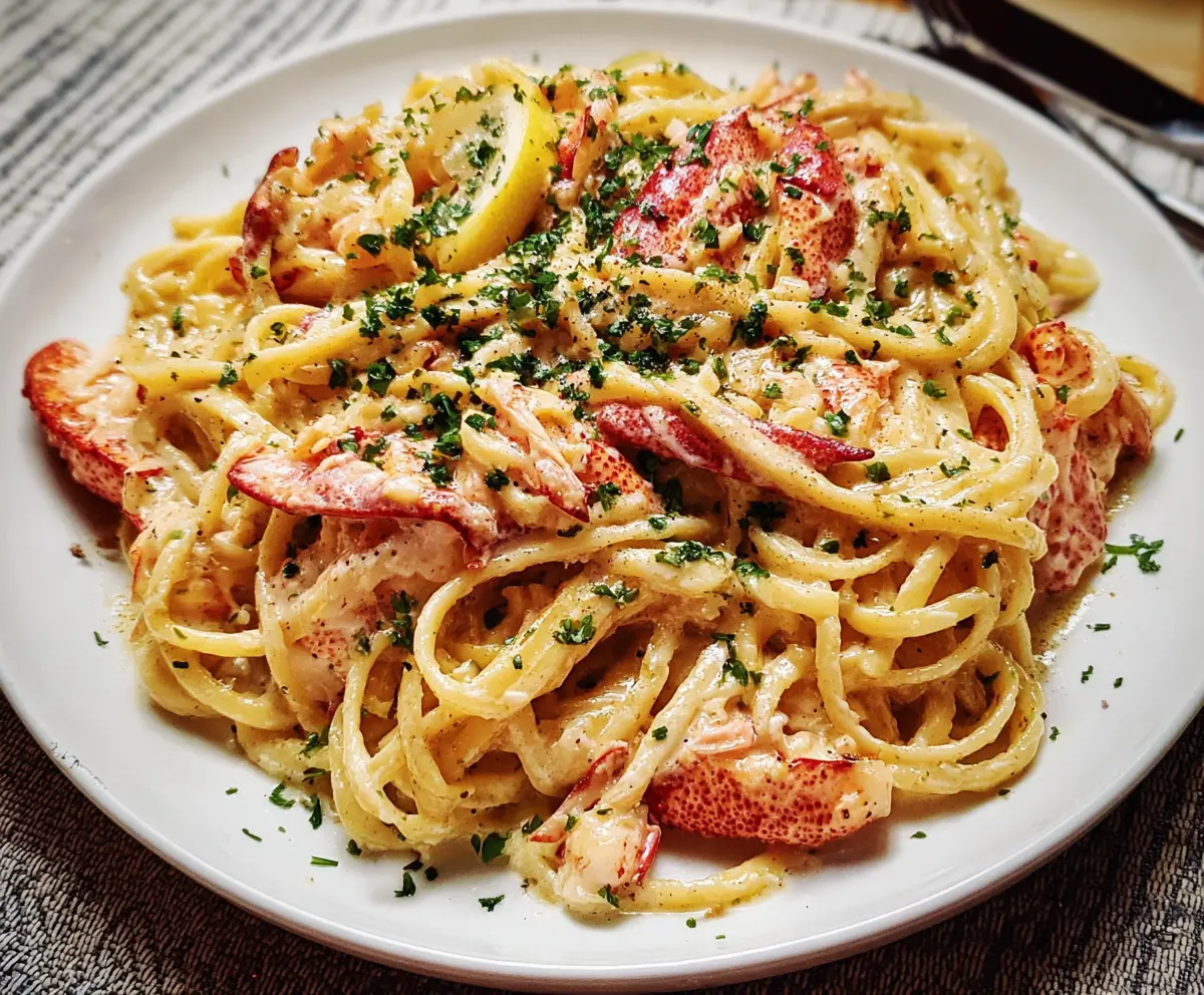 Delicious lobster pasta served with fresh herbs and creamy sauce on a white plate.