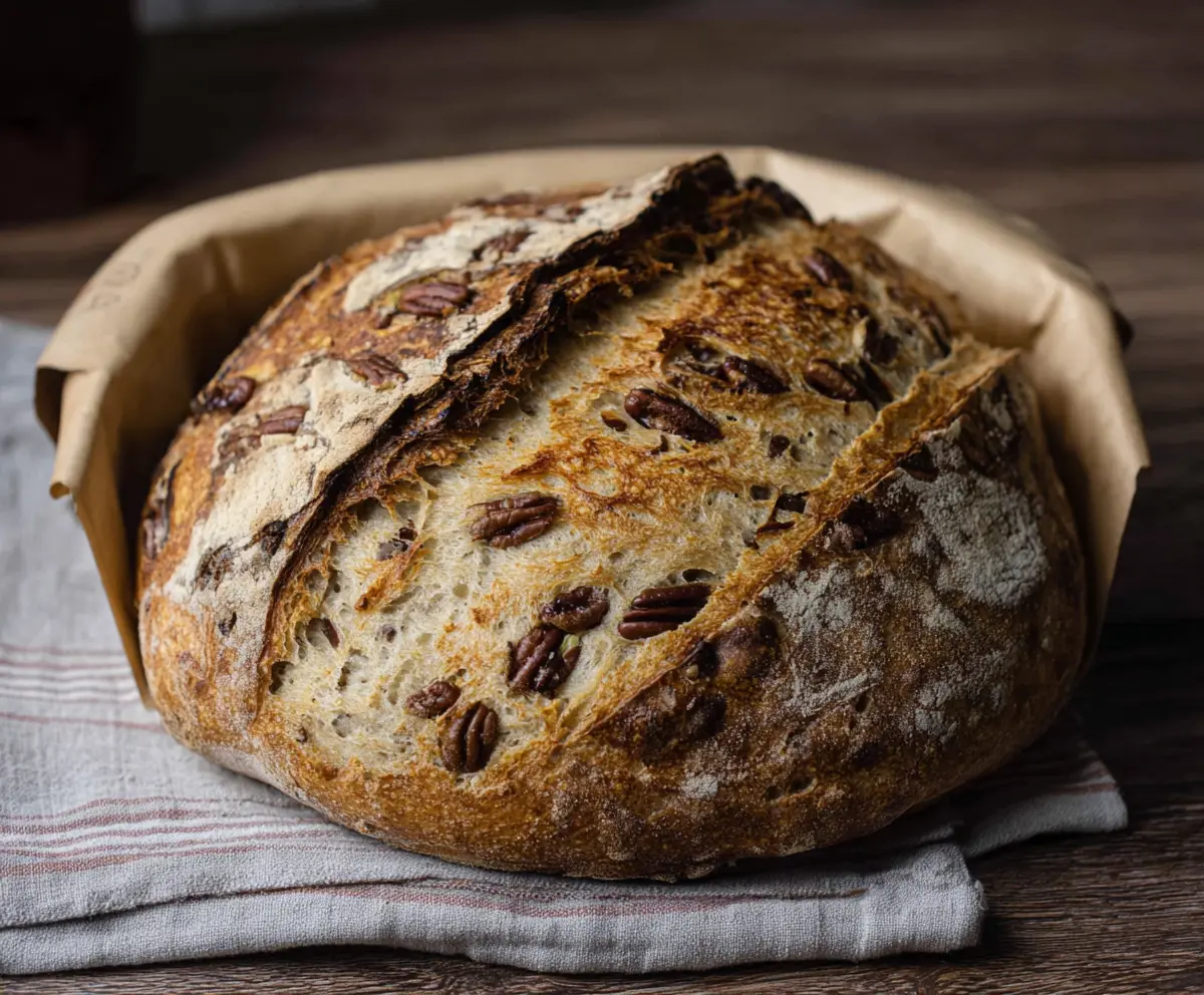 Homemade Maple Pecan Sourdough Bread on a wooden cutting board with a golden crust and pecans.