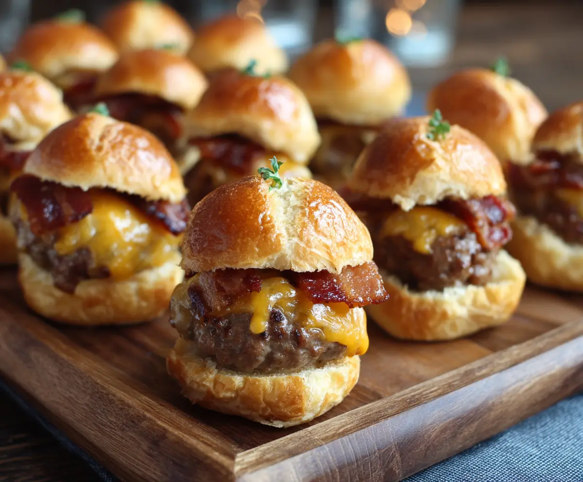Mini bacon cheeseburger bites served on a plate with melted cheese and crispy bacon bits.