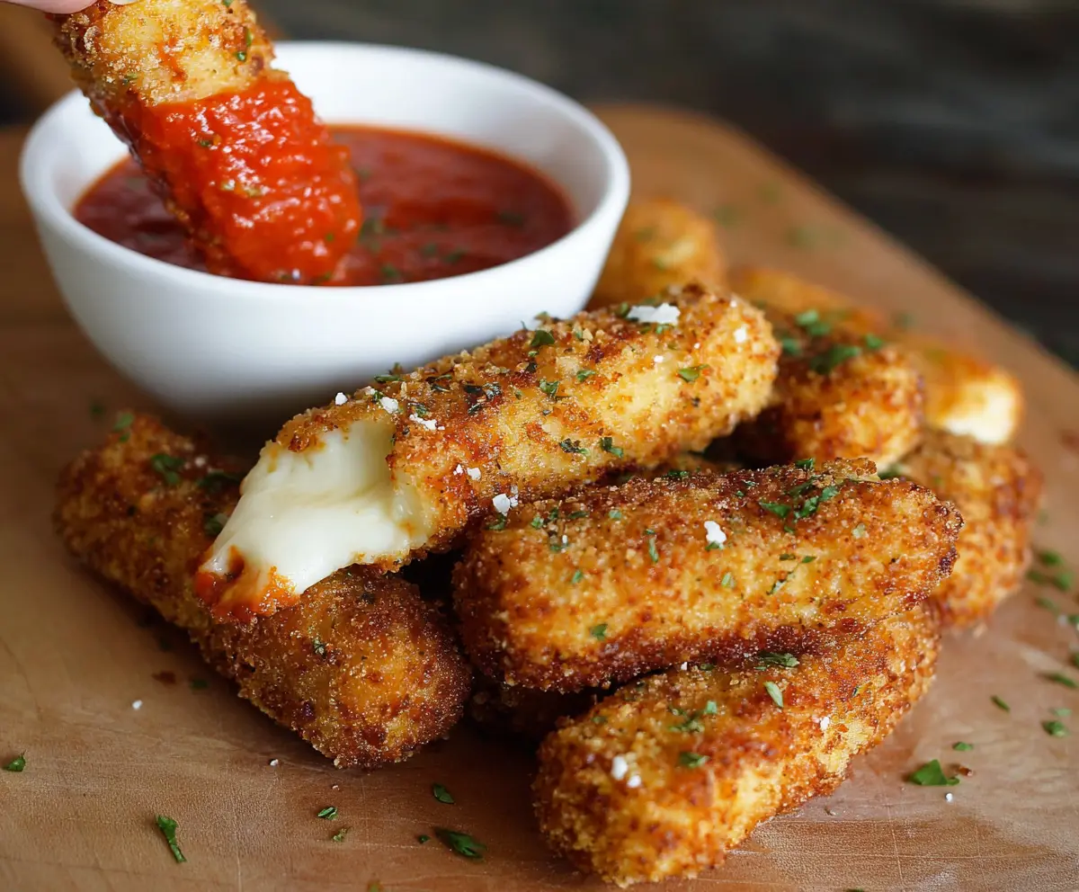 Golden crispy mozzarella sticks with marinara dipping sauce on a plate.