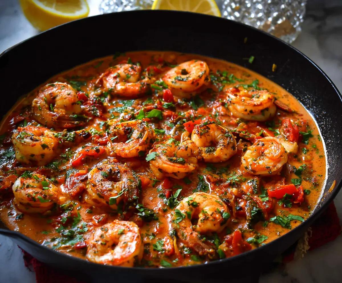 Delicious paprika shrimp skillet served on a white plate with fresh herbs