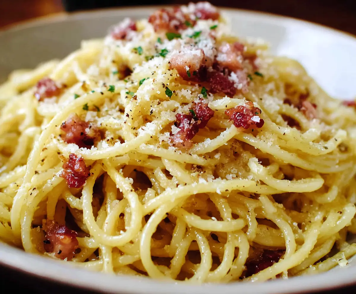 Creamy Pasta Carbonara with crispy Pancetta and Parmesan cheese, served on a rustic plate.