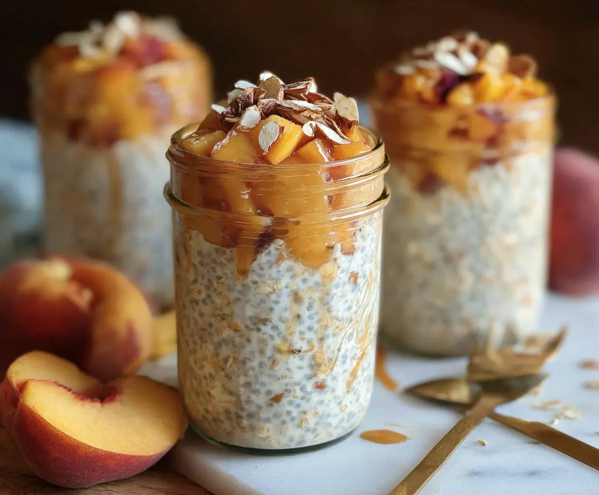 Delicious Peach Cobbler Overnight Oats in a glass jar topped with fresh peach slices and cinnamon.