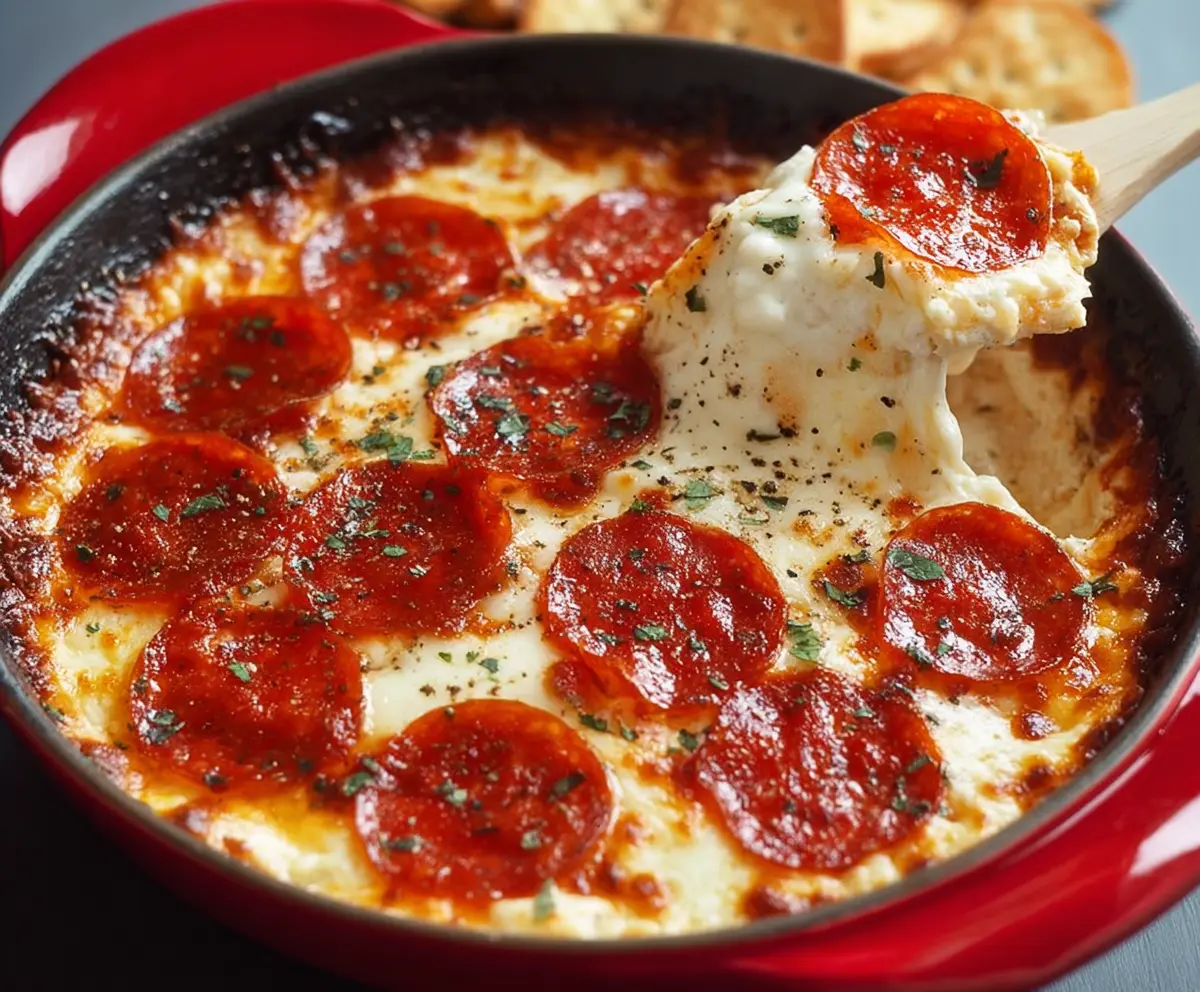 Delicious pepperoni and cream cheese pizza dip served with crispy breadsticks