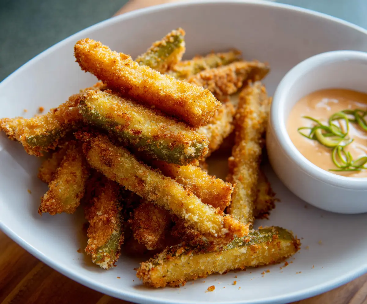Crispy pickle fries served with dipping sauce, perfect for snack or appetizer.
