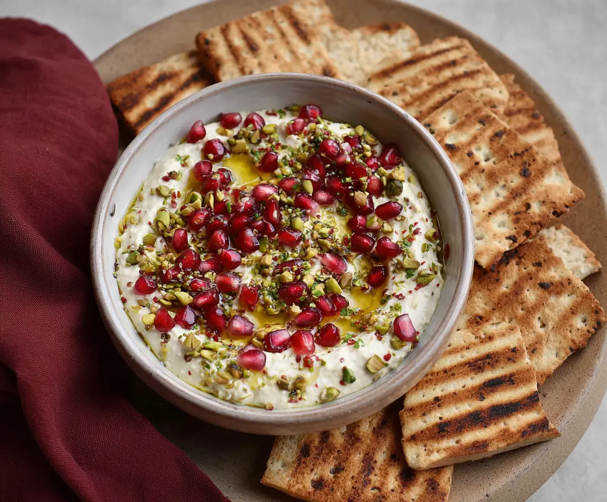 Delicious Pomegranate Pistachio Feta Dip served in a bowl with fresh herbs, perfect for appetizer or snack.