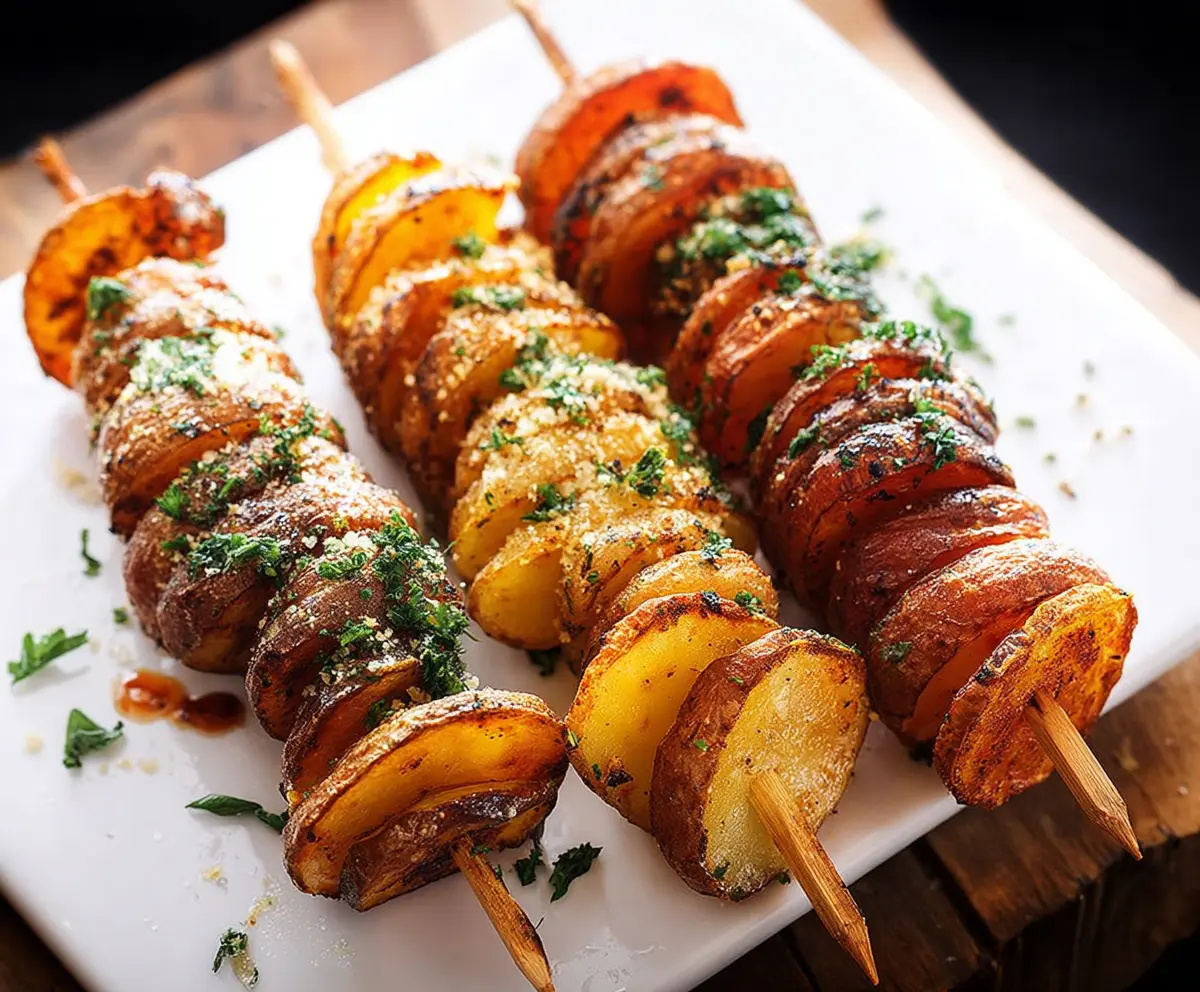 Delicious grilled potato skewers with herbs and spices on a barbecue platter.