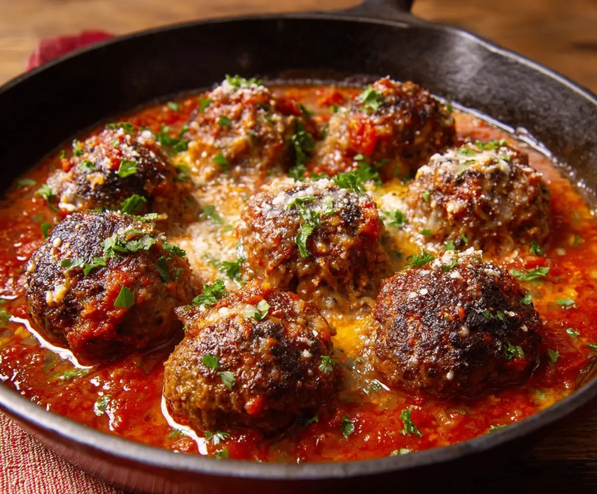 Delicious queso-stuffed meatballs served on a plate with fresh herbs