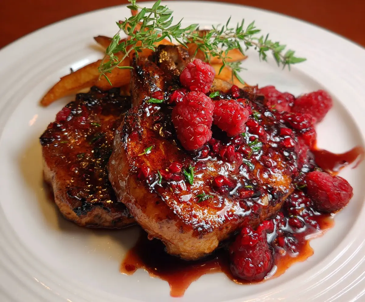 Juicy pork chops glazed with a vibrant raspberry sauce on a plate.