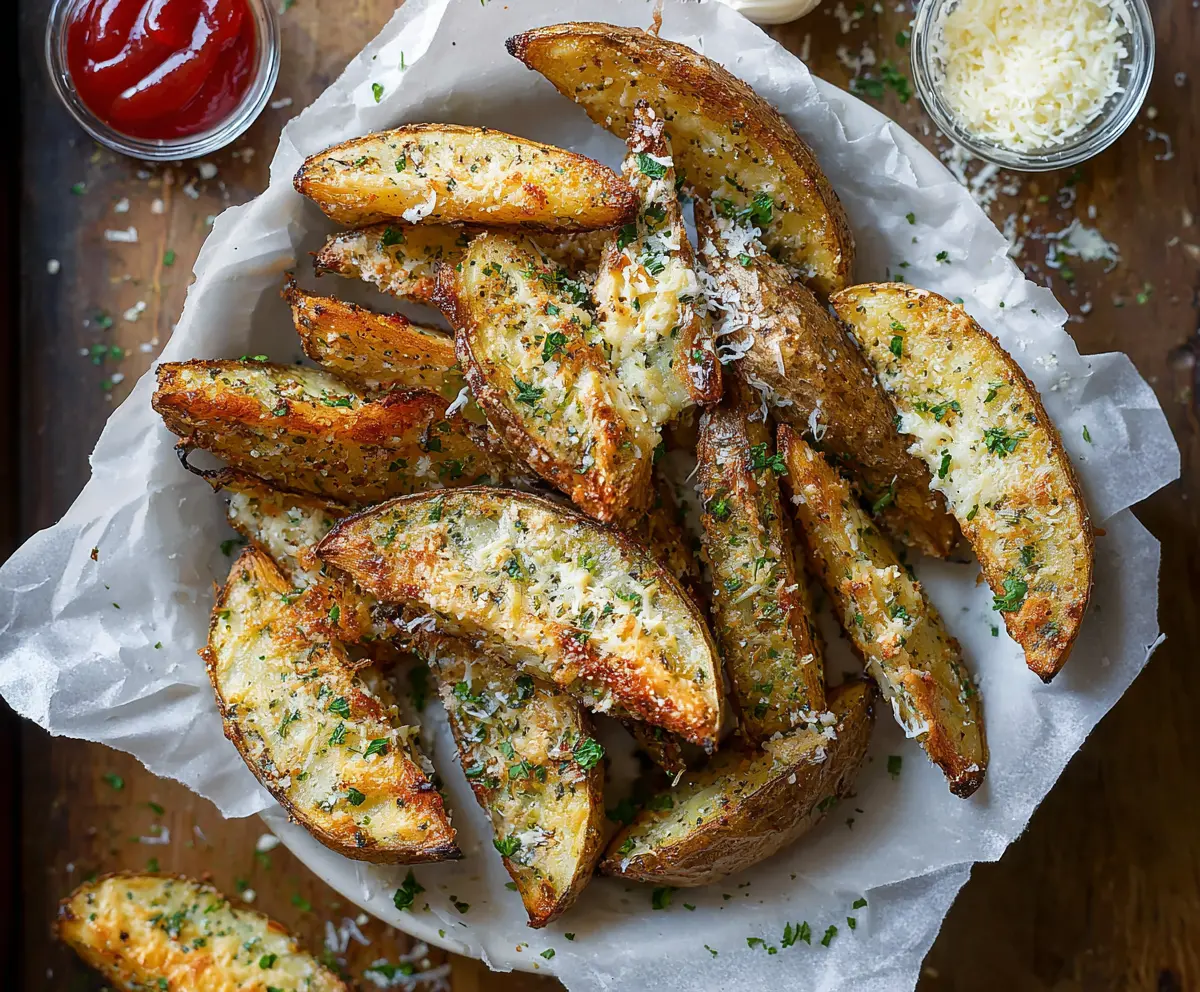 Crispy roasted garlic Parmesan potato wedges served on a white plate for a delicious snack or side dish.