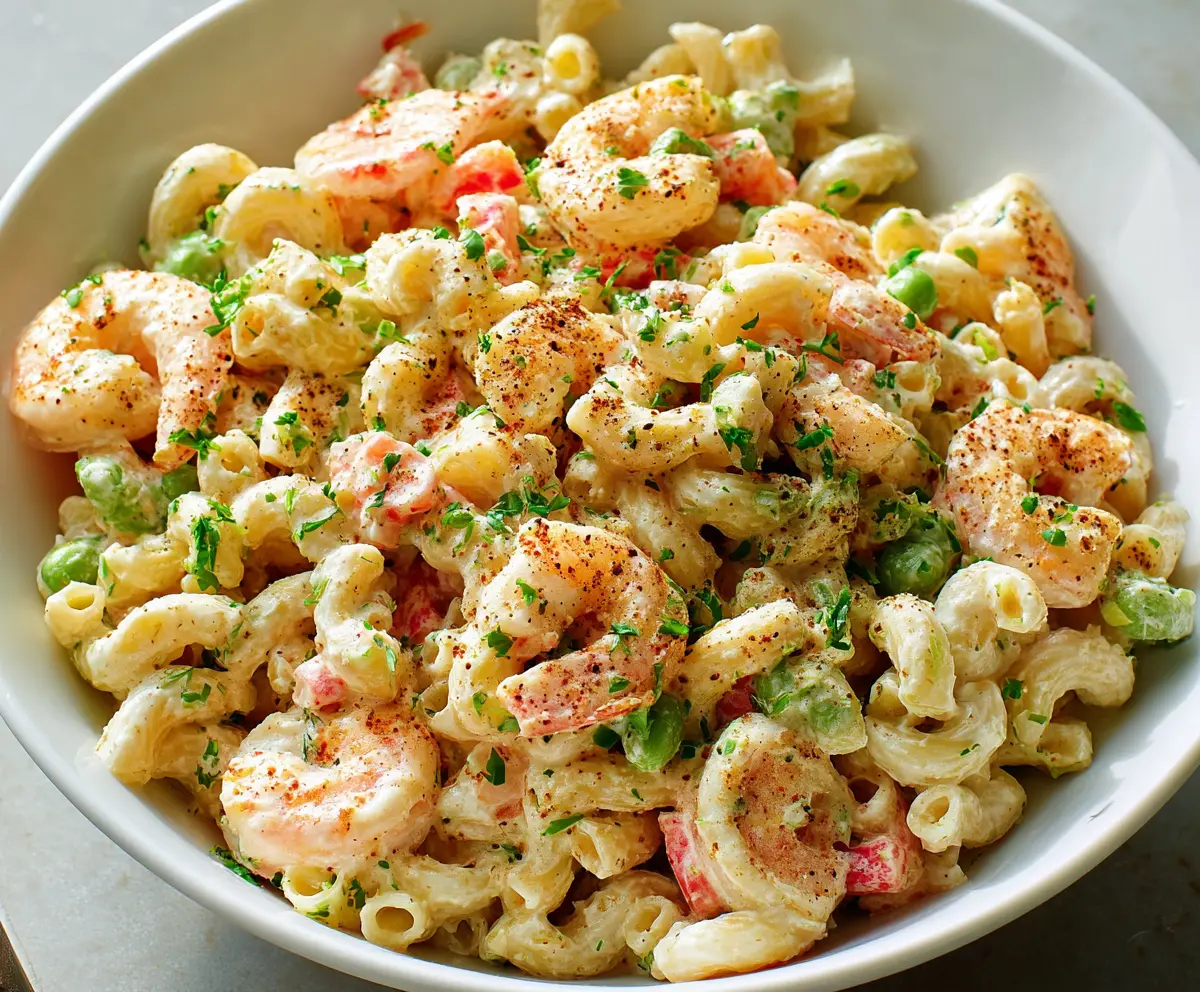 Delicious seafood macaroni salad with fresh shrimp and vibrant vegetables