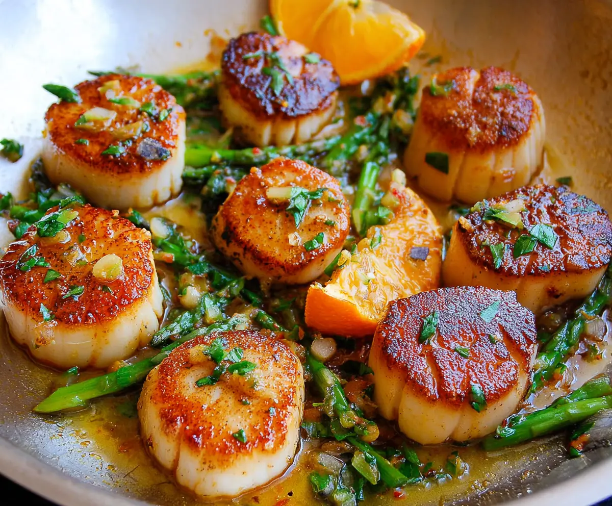 Delicious seared scallops served with a lemon and herb garnish on a white plate.