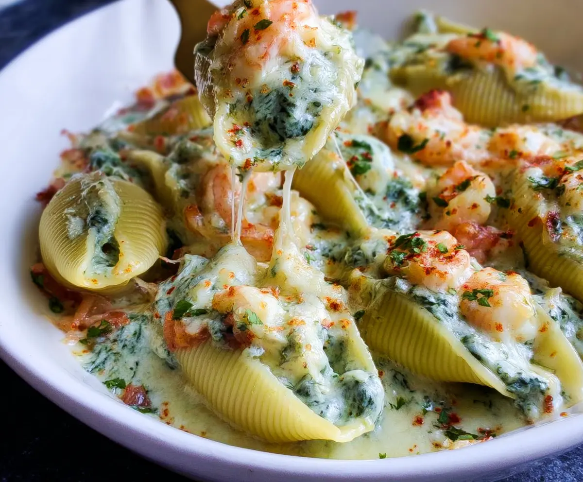 Delicious shrimp and spinach stuffed shells served on a plate, showcasing a flavorful seafood and vegetable pasta dish.