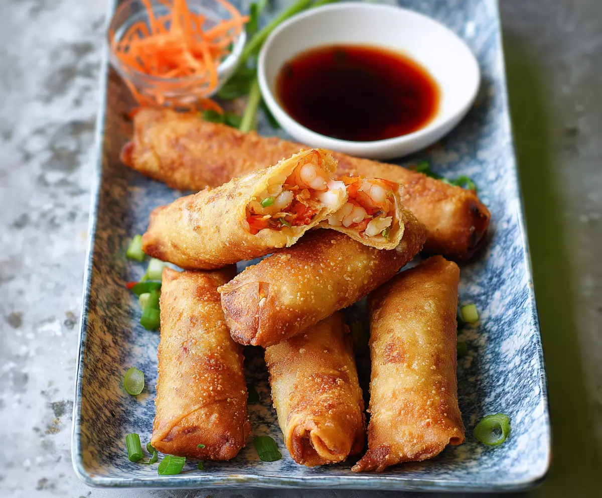 Crispy shrimp egg rolls served with dipping sauce on a white plate.