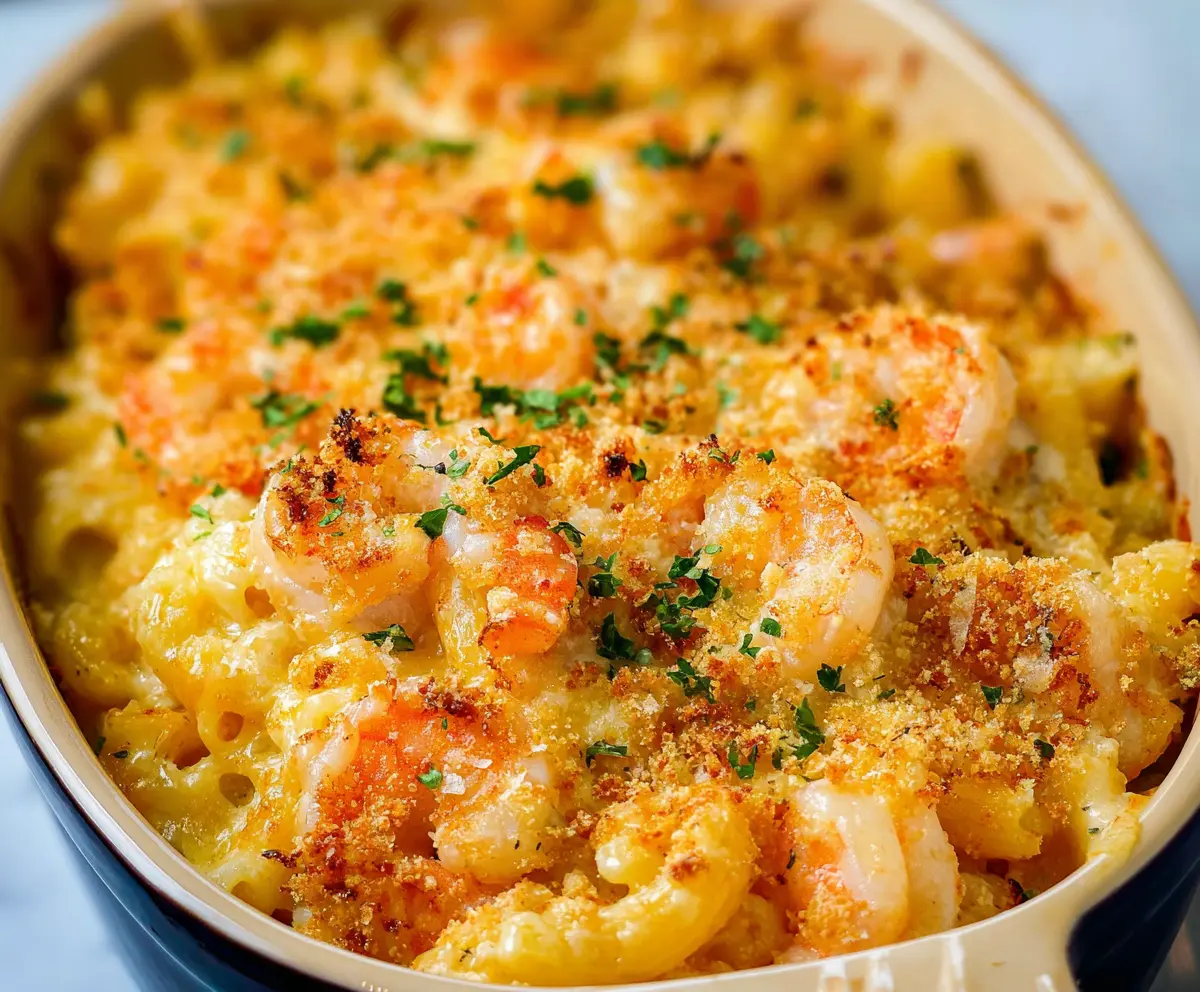 Creamy shrimp mac and cheese dish topped with melted cheese and fresh herbs