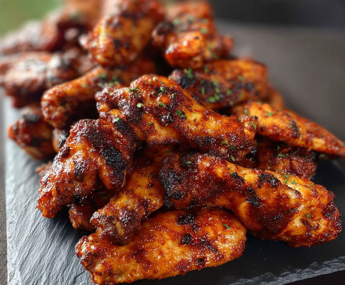 Delicious smoked chicken wings with crispy skin and savory spices, perfect for grilling enthusiasts.