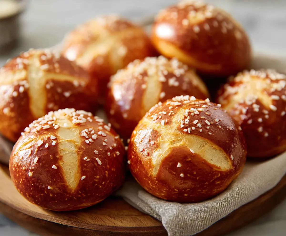 Golden brown soft pretzel buns with a glossy crust, perfect for sandwiches