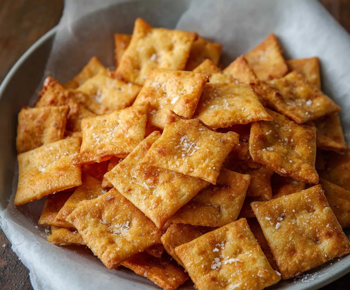 Golden sourdough cheese crackers on a rustic wooden platter, perfect for snacking.