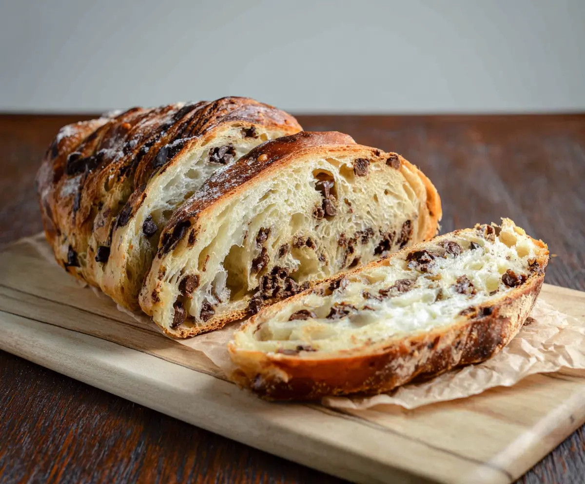 Delicious Sourdough Chocolate Chip Croissant Bread on a wooden table, showcasing flaky layers and melted chocolate chips.