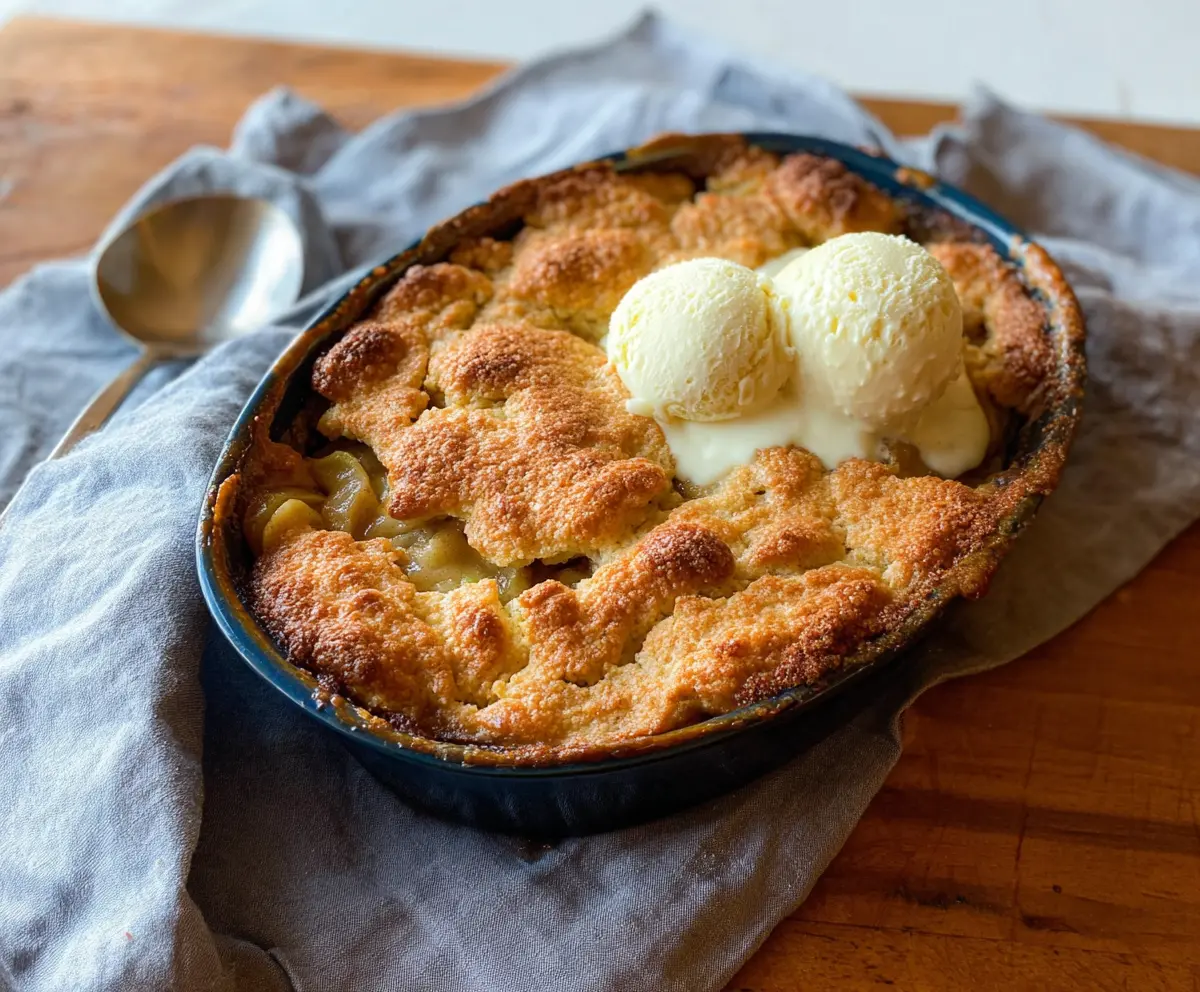 Delicious sourdough discard apple cobbler served in a rustic dish with fresh apple slices on top