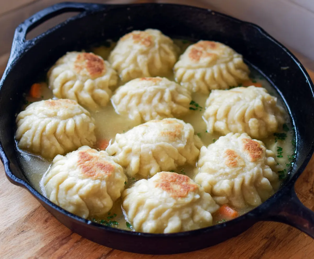 Close-up of sourdough discard dumplings on a rustic wooden plate, highlighting their golden crispy exterior.