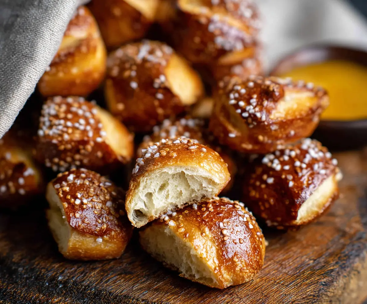 Golden baked sourdough discard pretzel bites served with dipping mustard