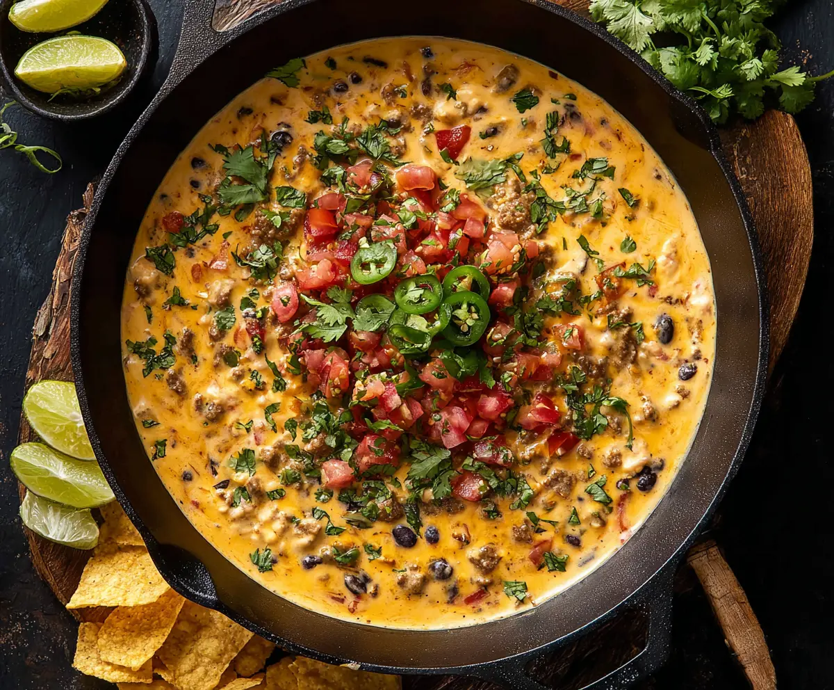 Creamy Cowboy Queso Dip garnished with chopped green onions and served with tortilla chips.