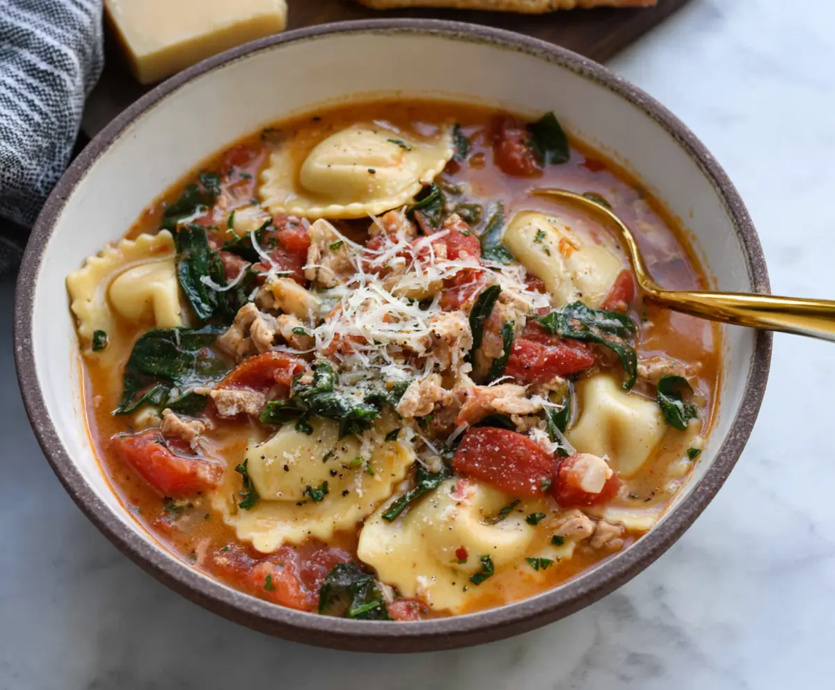 Delicious Tuscan Ravioli Soup with fresh herbs and vegetables in a rustic bowl.