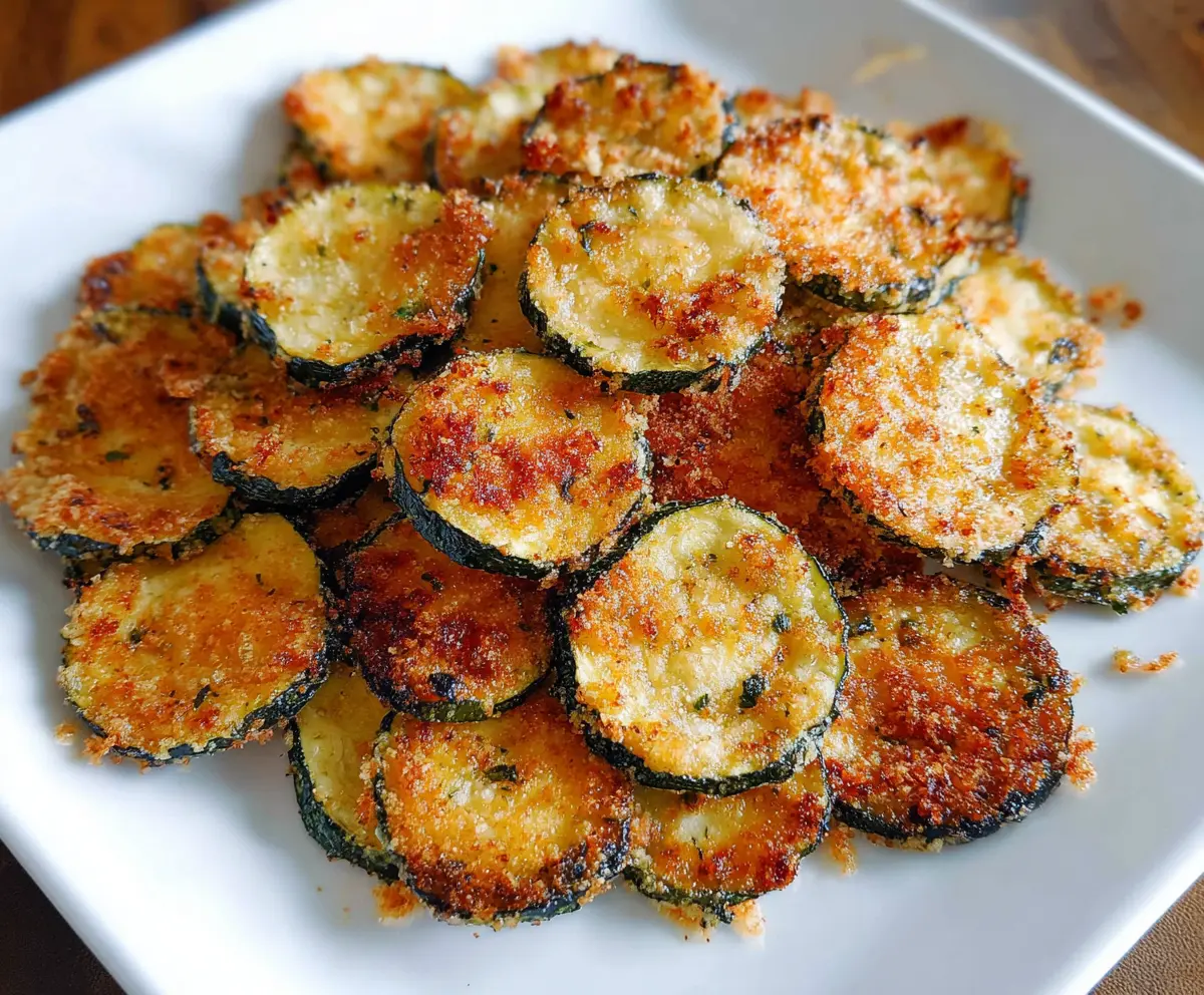 Crispy baked zucchini chips on a white plate, garnished with herbs, perfect for healthy snacking.