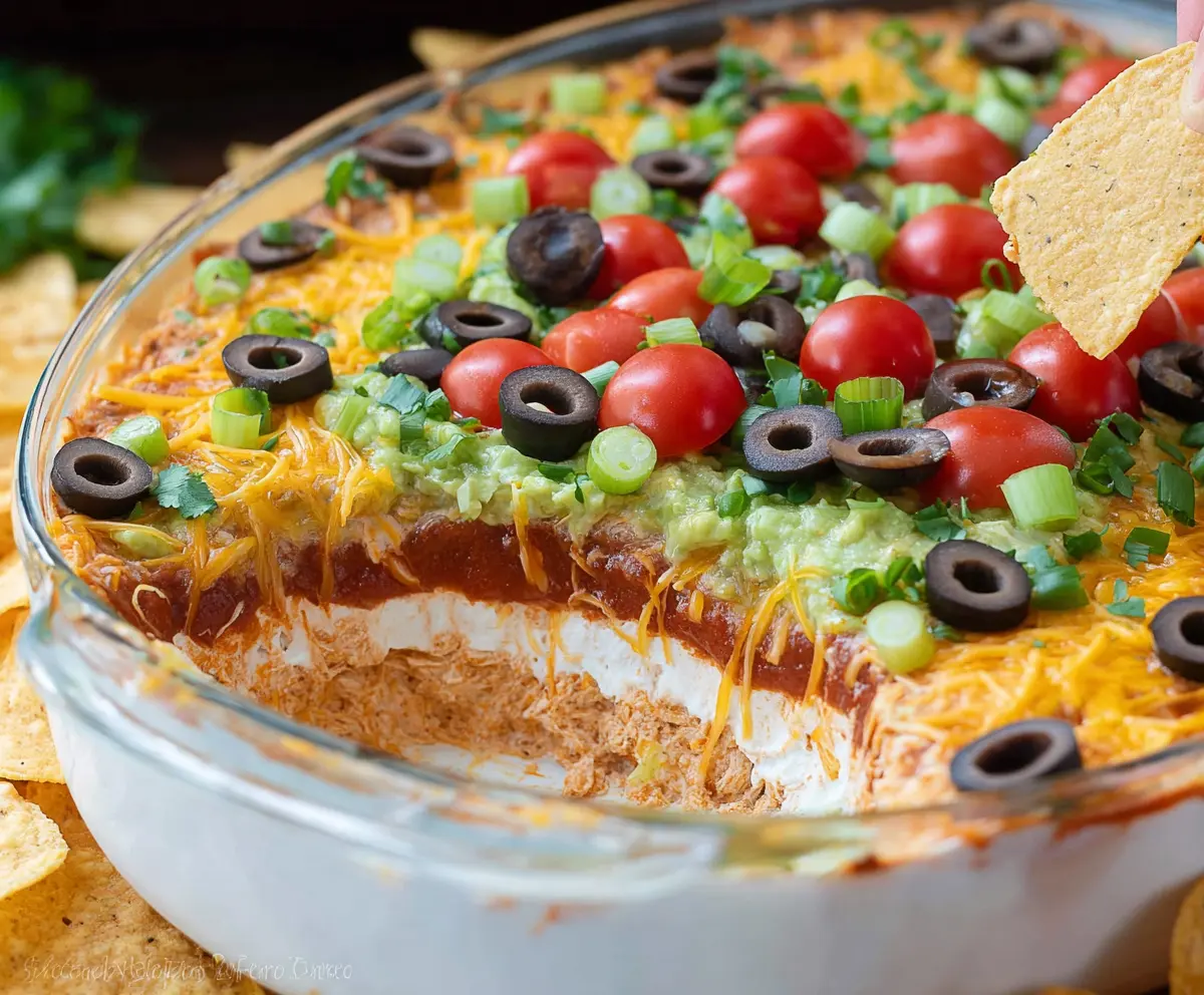 Colorful 7 Layer Bean Dip with beans, cheese, and fresh vegetables served in a clear glass dish.