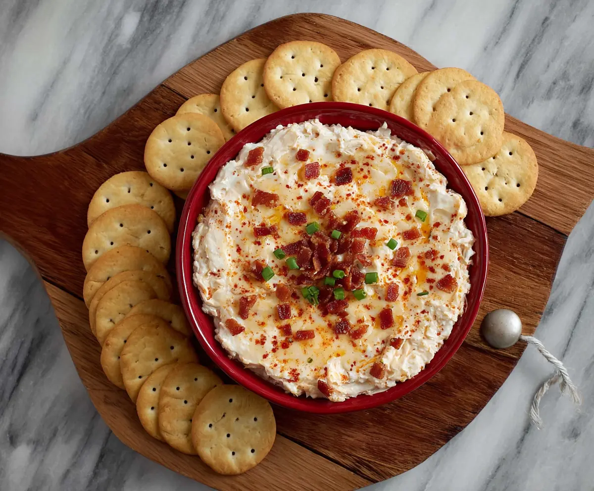 Spicy Alabama Fire Cracker Dip served with tortilla chips on a plate, garnished with green onions.