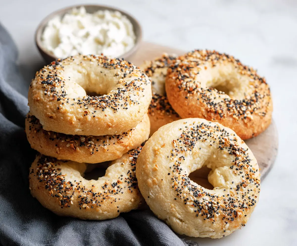 Healthy almond flour Greek yogurt bagels on a white plate, perfect for gluten-free breakfast options.