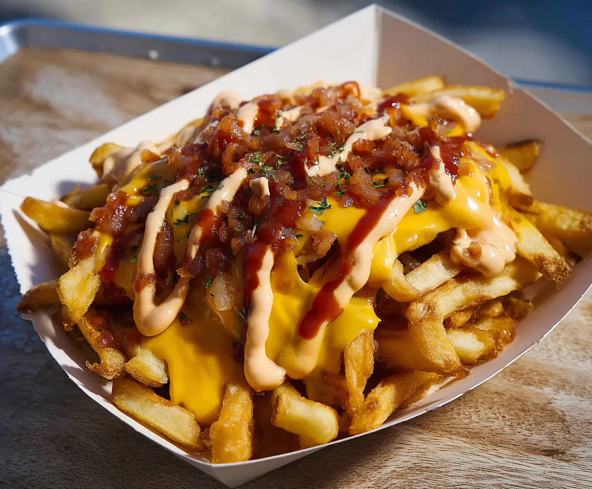 Delicious Animal Style Fries topped with melted cheese, caramelized onions, and savory sauce.