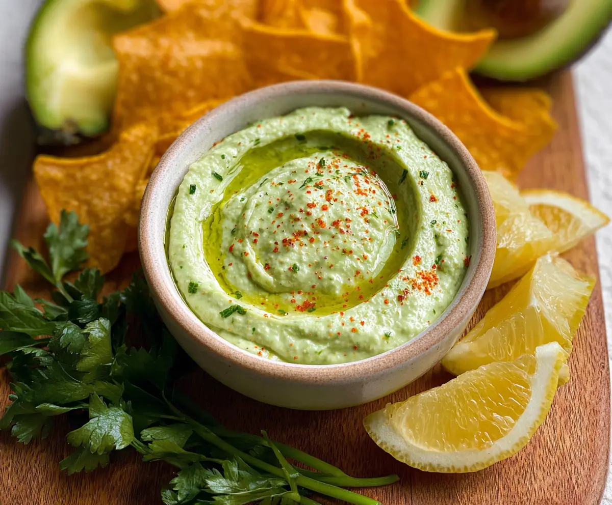 Creamy avocado dip with fresh herbs served in a bowl, perfect for snacks and parties