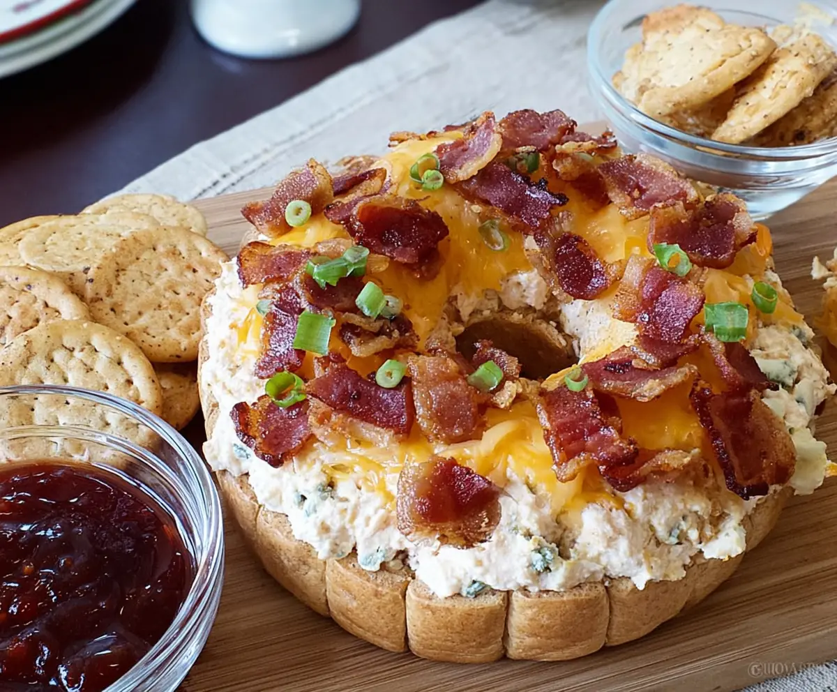 Delicious Bacon Cheese Ring Party Dip with crispy bacon and melted cheese