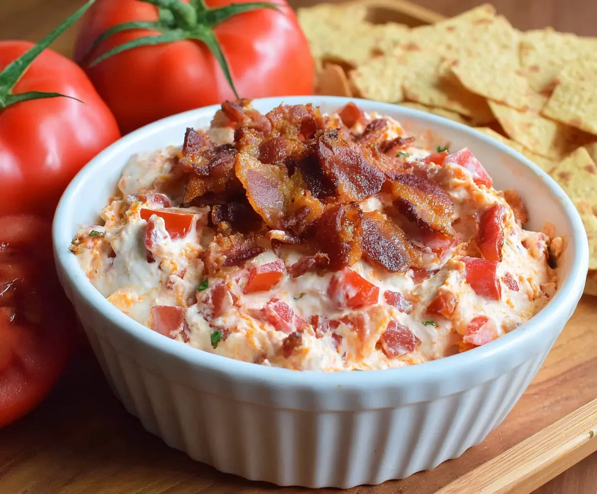 Creamy bacon tomato dip served as a delicious appetizer with fresh ingredients.