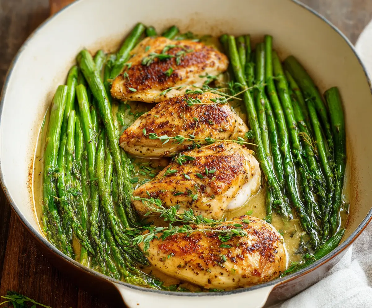 Delicious baked chicken served with fresh asparagus, perfect for a healthy dinner.