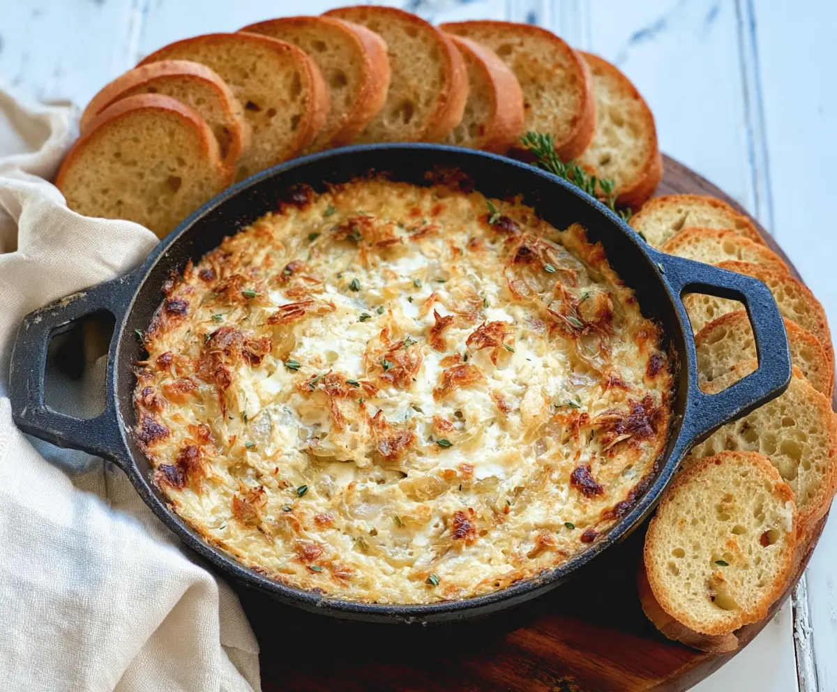 Delicious baked French onion dip topped with melted cheese and caramelized onions, perfect for sharing at parties.