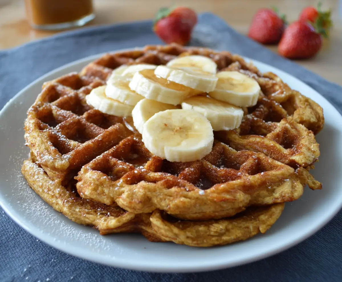 Golden banana oatmeal waffles topped with fresh banana slices and syrup, perfect for a healthy breakfast.