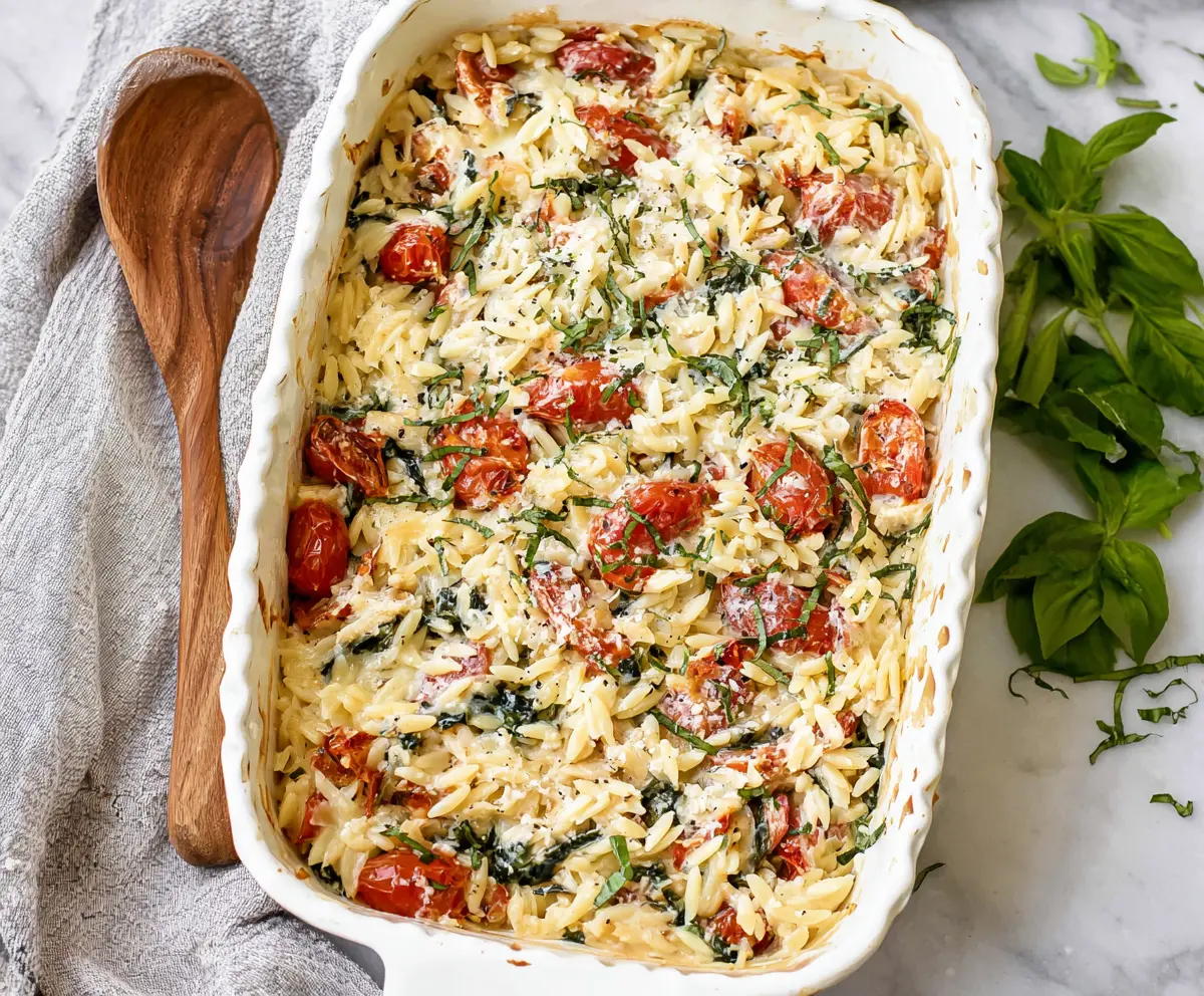 Creamy Boursin Orzo Bake in a baking dish topped with herbs.