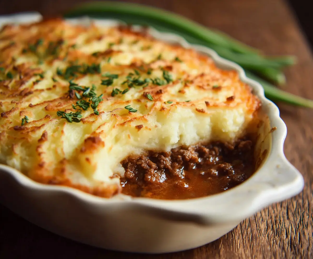 Classic British Shepherd's Pie with a crispy potato topping and savory minced beef filling.