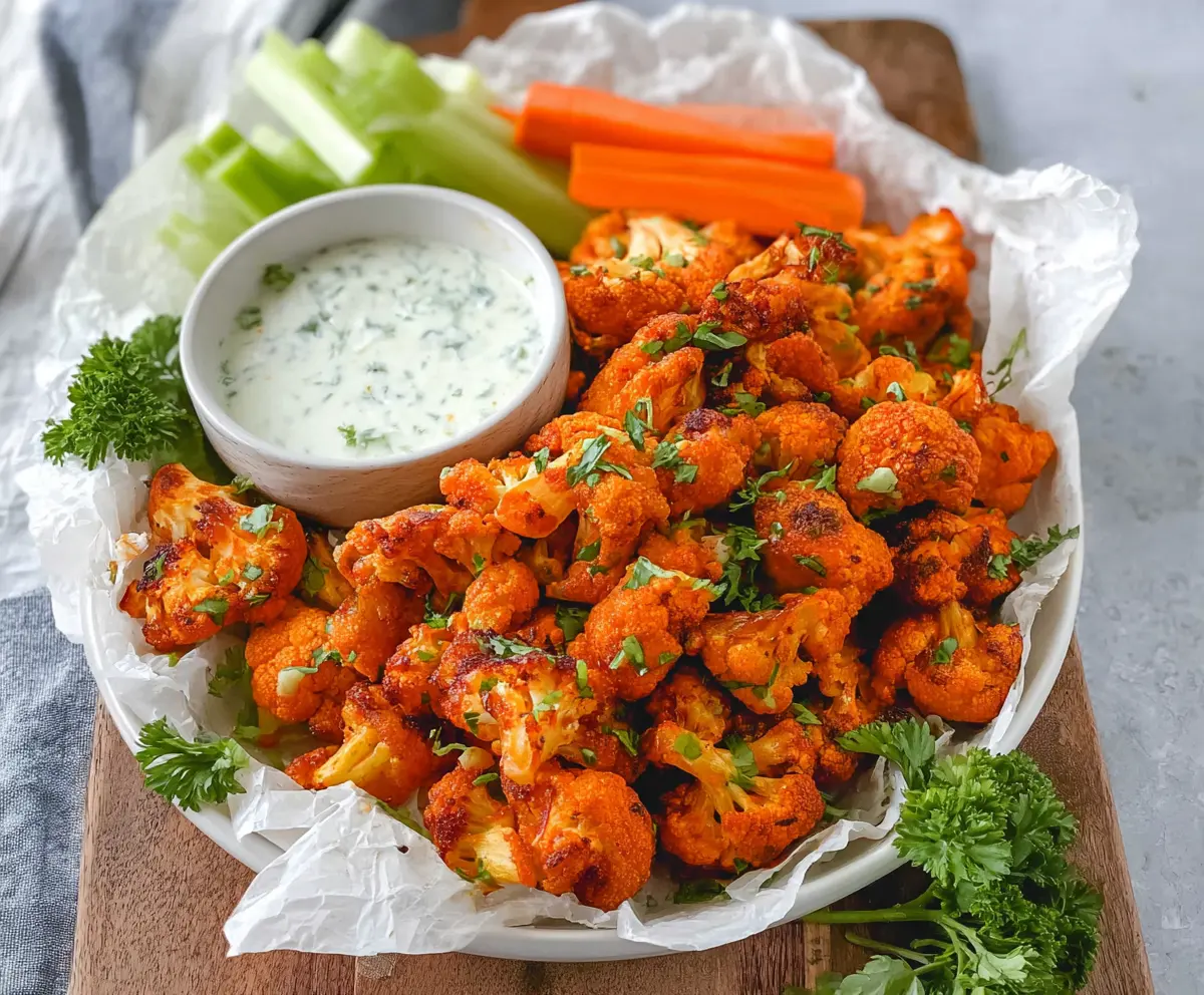 Crispy Buffalo cauliflower bites served with dipping sauce, perfect for healthy snacking.