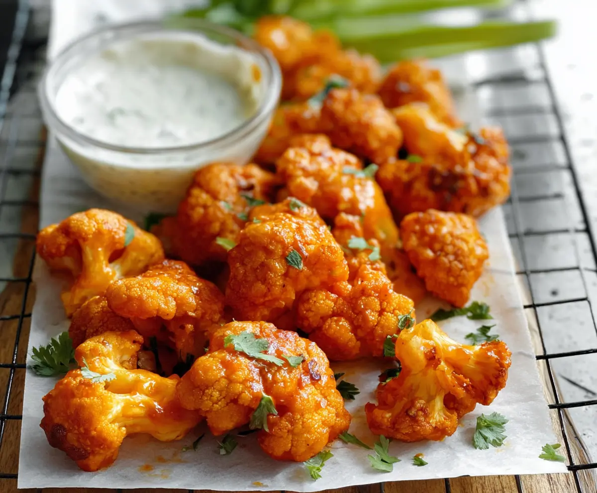 Crispy Buffalo cauliflower wings served with celery and blue cheese dip.