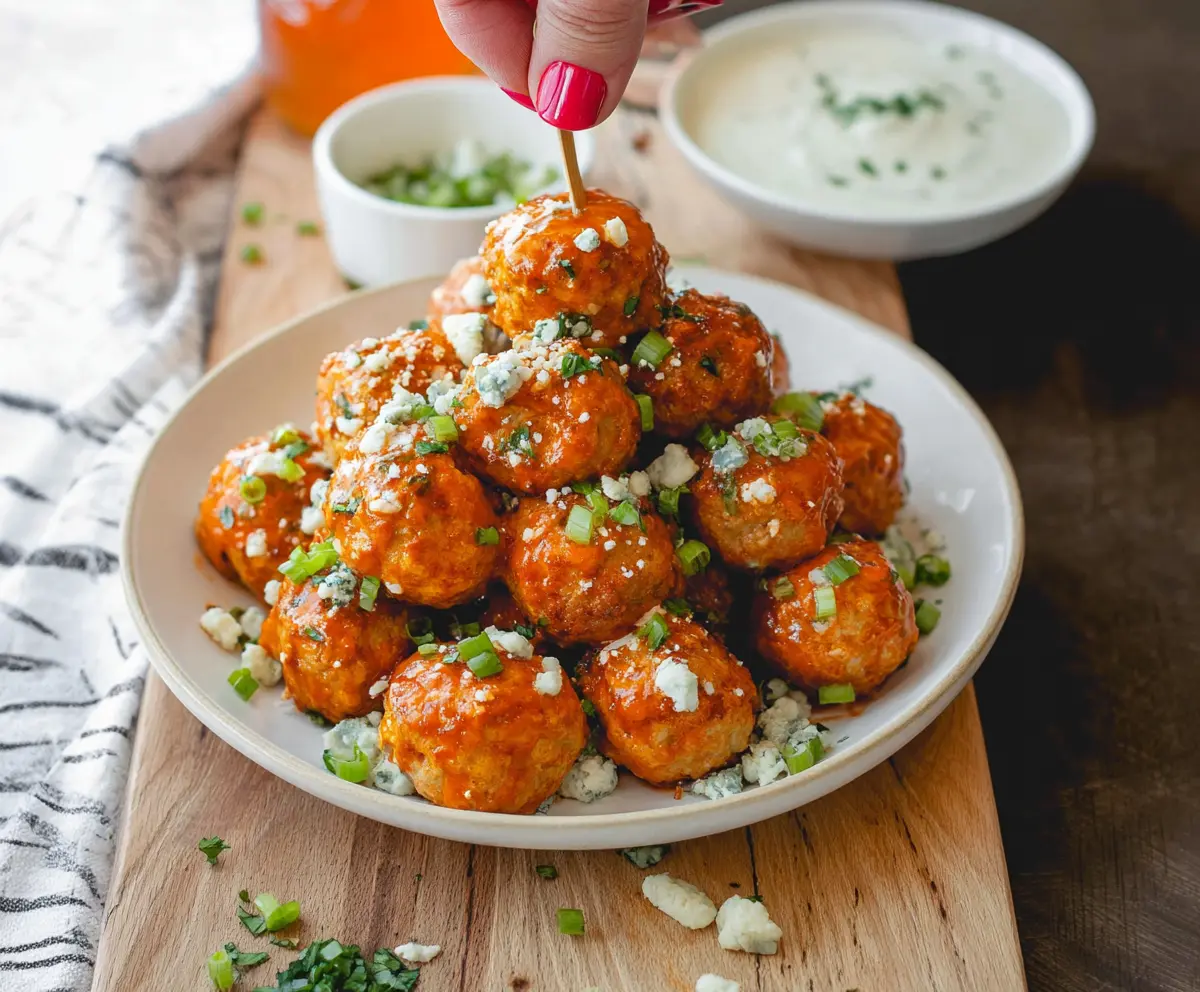 Buffalo chicken meatballs served with a creamy bleu cheese dip, perfect for party appetizers.
