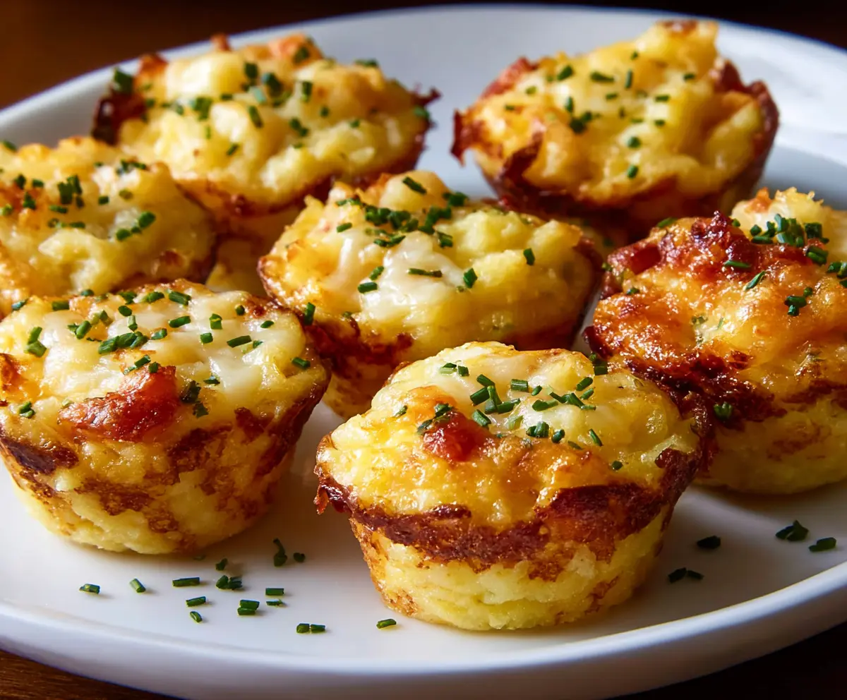 Delicious cheesy mashed potato muffins fresh out of the oven, golden and topped with melted cheese.