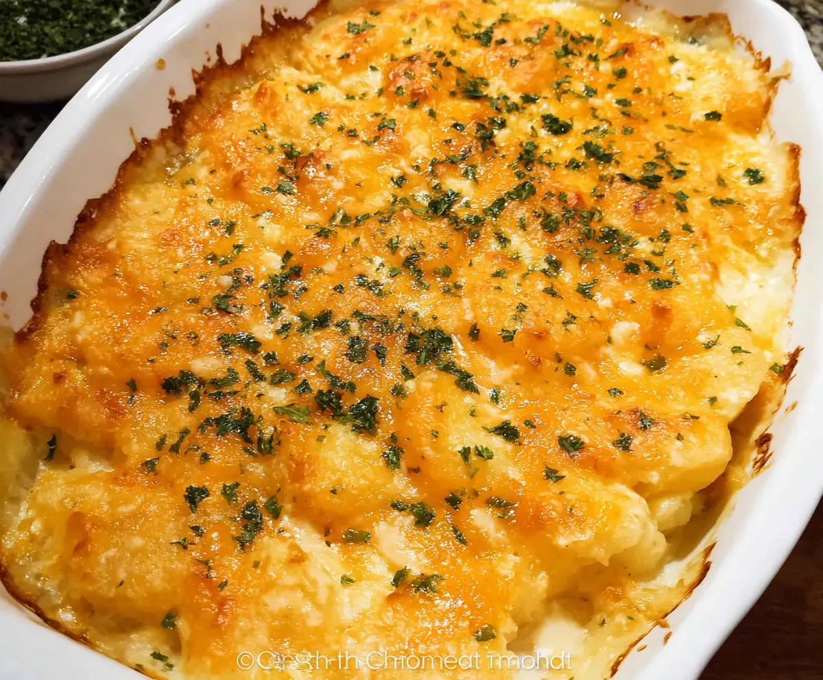 Delicious cheesy potato casserole topped with melted cheese and herbs for a hearty meal.
